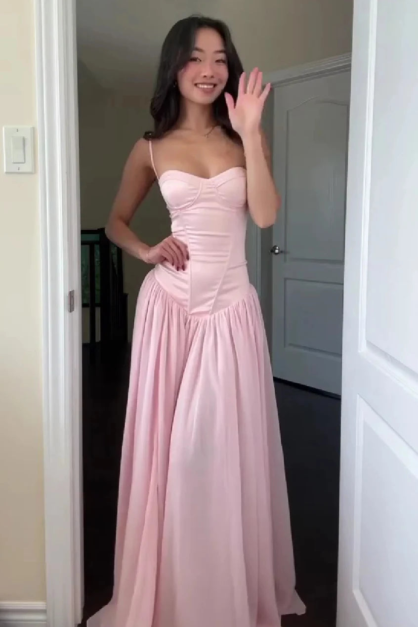 Chic A-Line Sweetheart Sleeveless Corset Pleated Pink Long Prom Dresses Women
