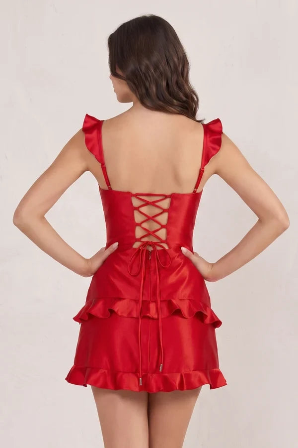 Chic A-Line Sweetheart Sleeveless Ruffled Corset-Back Red Short Women's Homecoming Dress