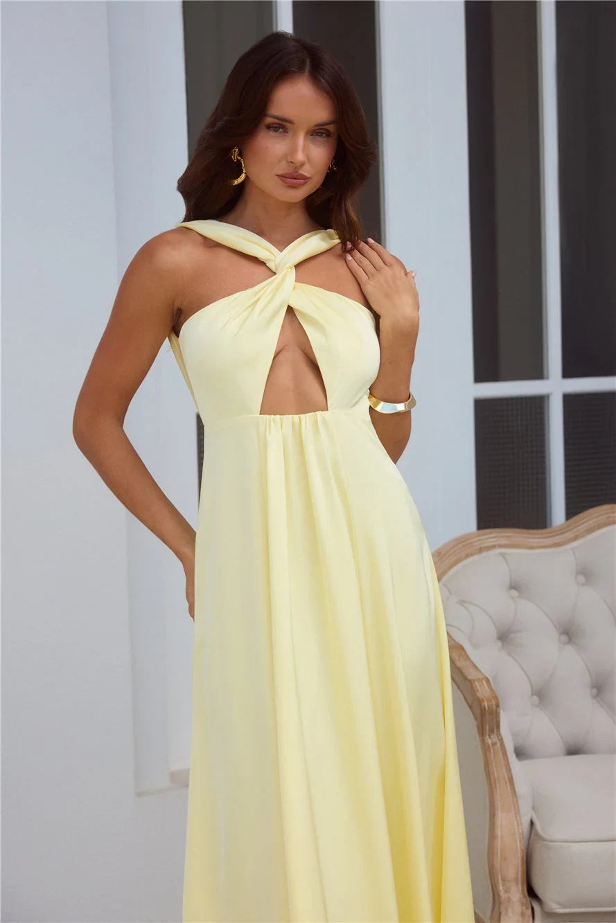 Chic A-Line Twisted Halter Sleeveless Keyhole Backless Pale Yellow Maxi Prom Dress