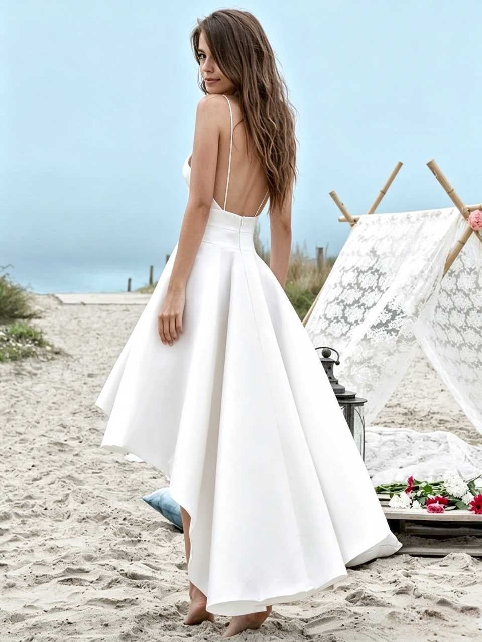 Chic A-Line V-Neck Sleeveless High-Low Backless White Wedding Dress