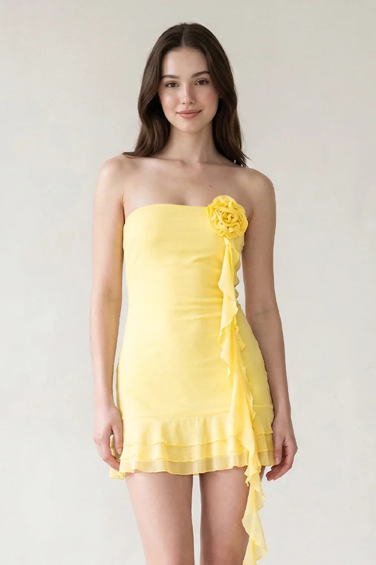 Chic Bodycon Strapless Sleeveless Ruffled Floral Yellow Mini Homecoming Dress for Women