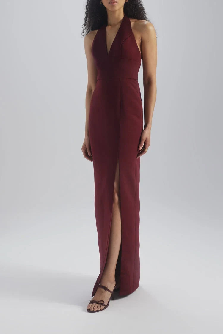 Chic Column Halter V-Neck Sleeveless Modern Slit Burgundy Floor-Length Bridesmaid Gown