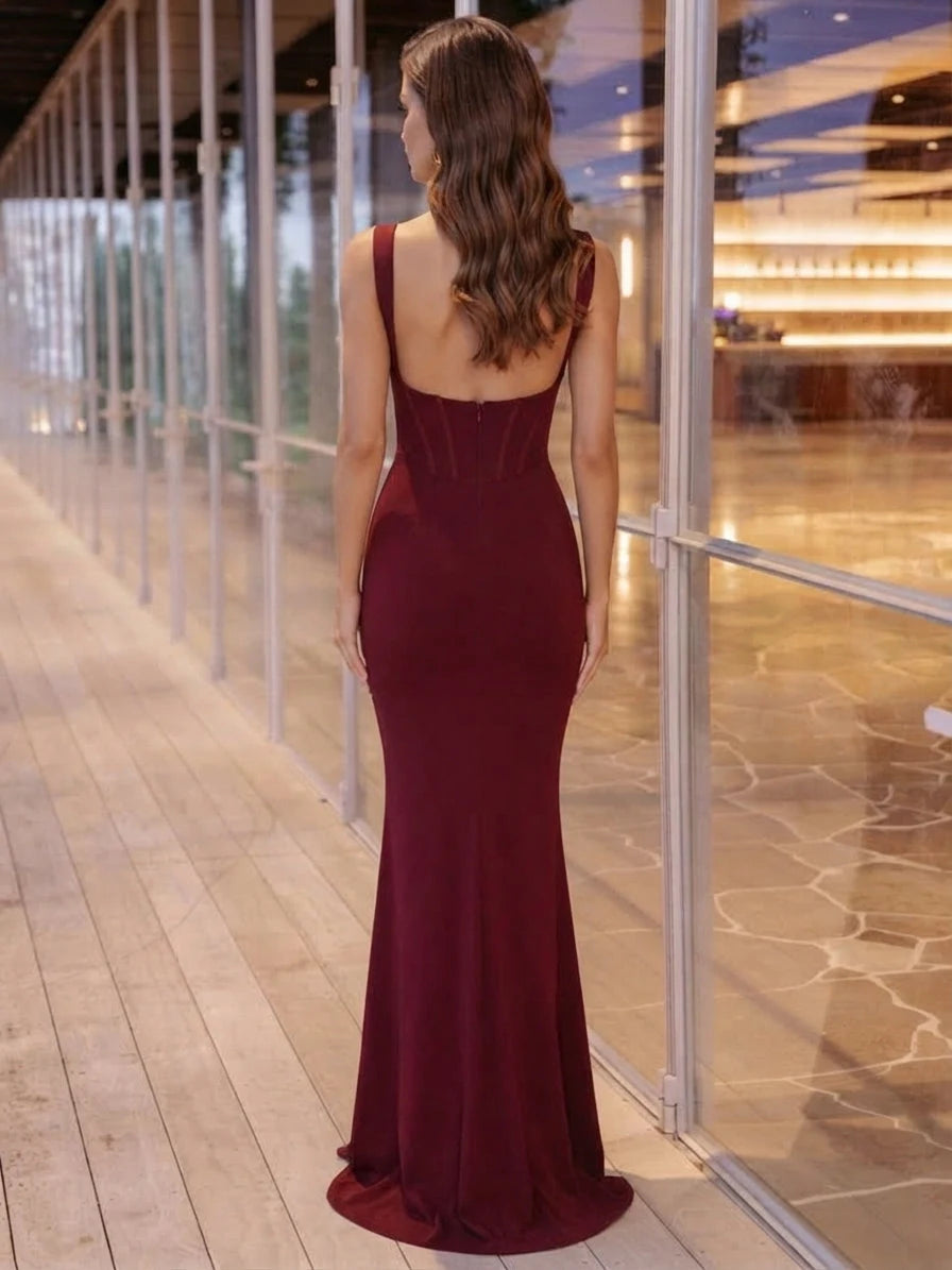 Chic Mermaid Square Neck Sleeveless Corset Burgundy Long Prom Dresses Gown