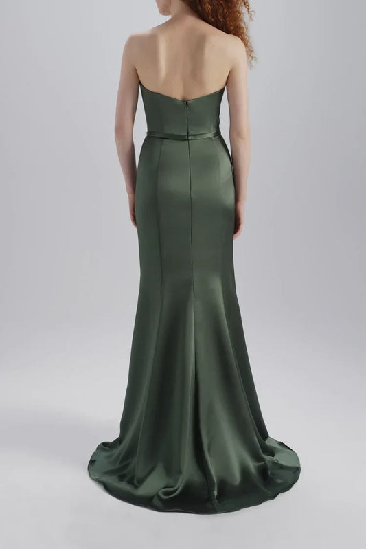 Chic Mermaid Strapless High Slit Olive Green Floor-Length Bridesmaid Dress Gown
