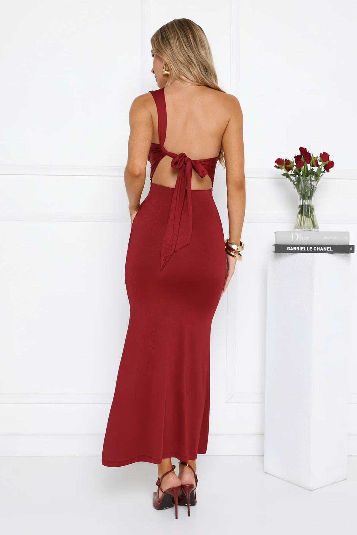 Chic One-Shoulder Sleeveless Ruched Burgundy Maxi Prom Dresses Women's Gown