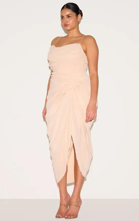 Chic Sheath Cowl Sleeveless Ruched Draped Cream Midi Evening Dresses Gown