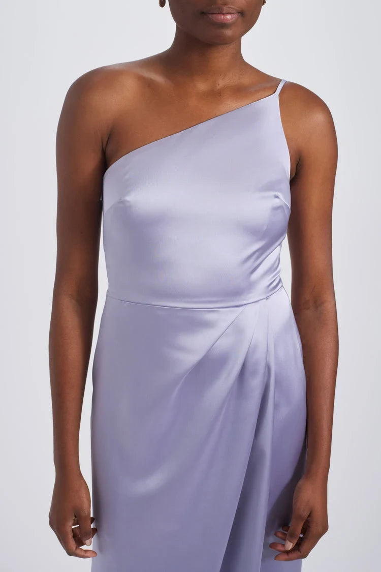 Chic Sheath One-Shoulder Draped Slit Lavender Floor-Length Bridesmaid Gown