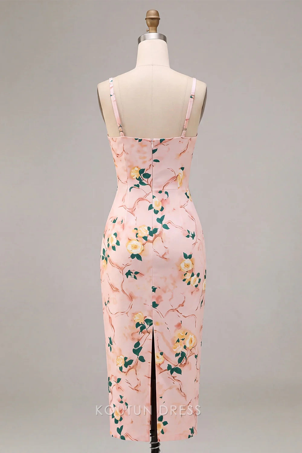Chic Sheath Square Neck Sleeveless Floral Print Pink Midi Prom Dress Women's Gown