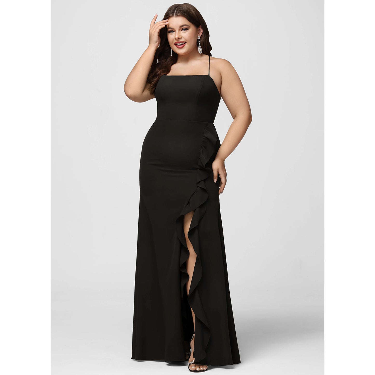Chic Sheath Square Neck Sleeveless Ruffled Slit Black Floor-Length Prom Dress