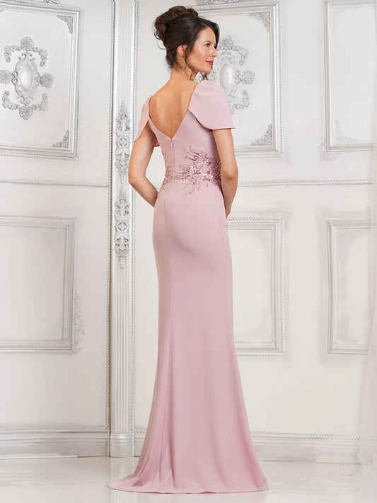Chic Slim V-Neck Short-Sleeve Beaded Slit Pink Long Mother-Of-The-Bride Women Gown