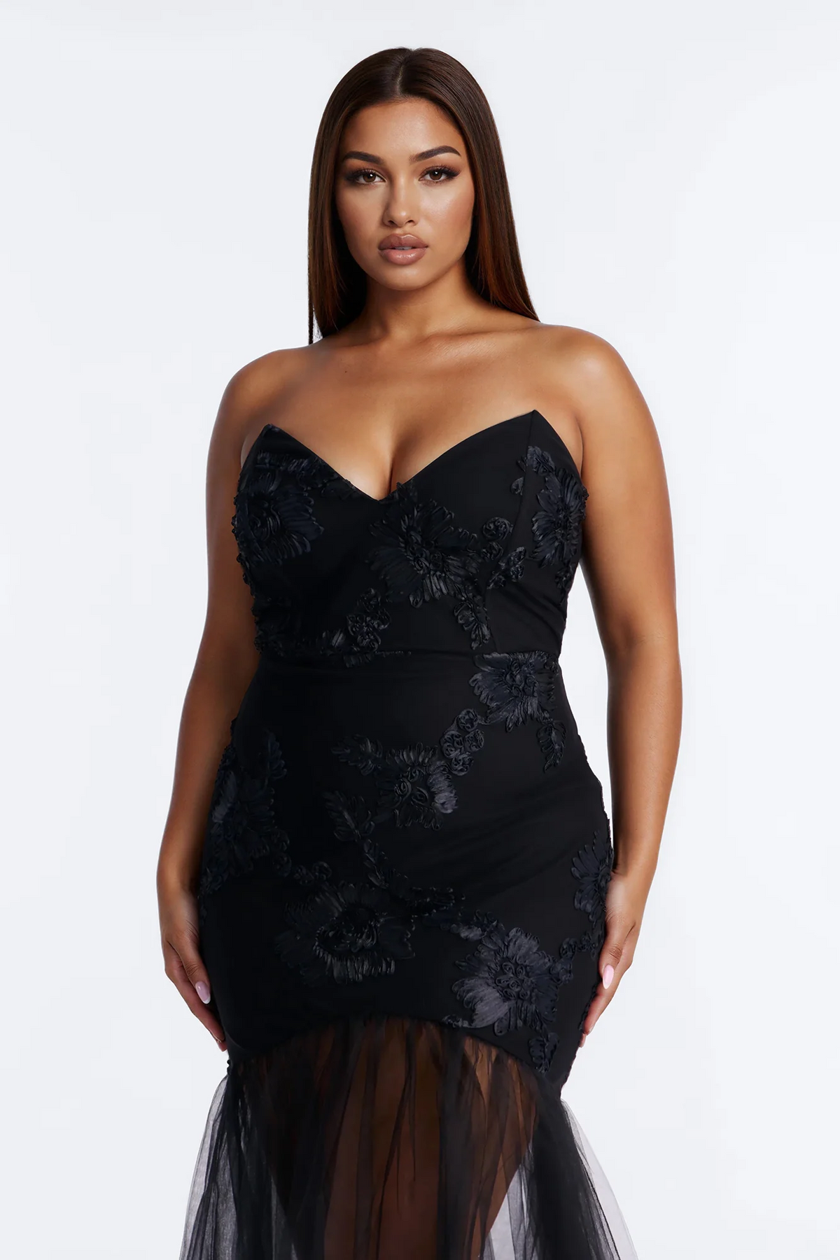 Chic strapless floral applique sheer tulle mermaid evening dress