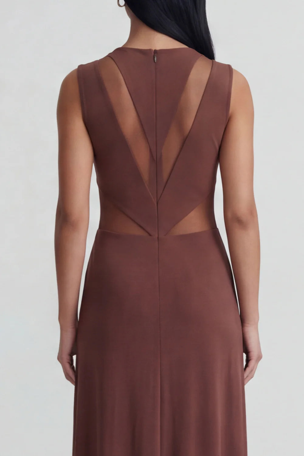 Chocolate Brown Sleeveless Prom Dress With Sheer Mesh Panel And Draped Waist Formal Prom Dress