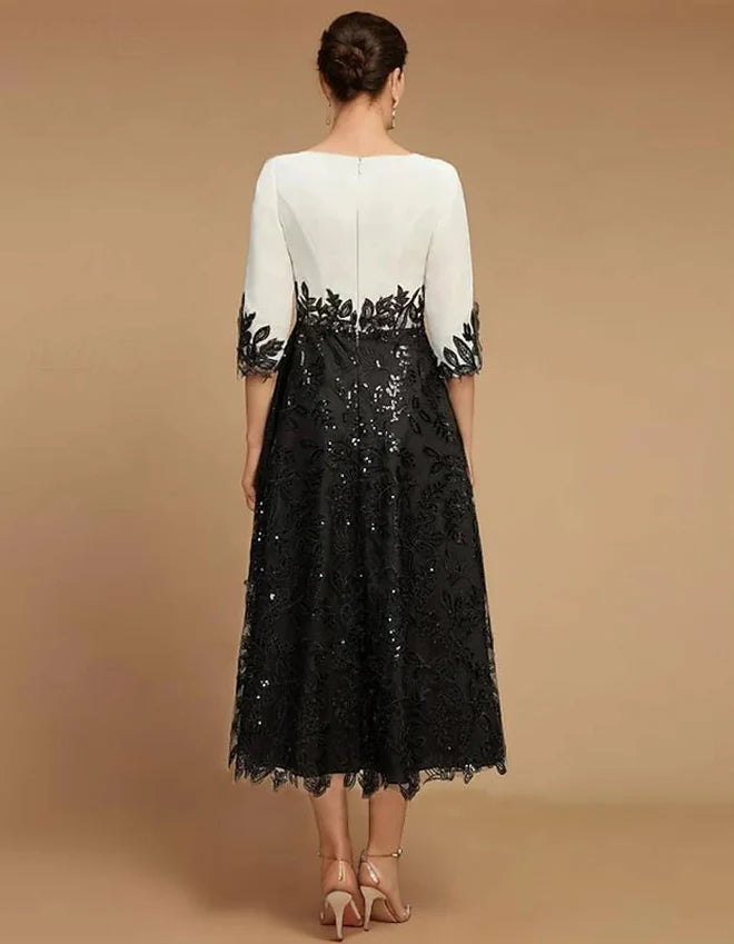 Classic A-Line Boat-Neck 3/4-Sleeve Sequin-Lace Midi Mother of the Bride Dress