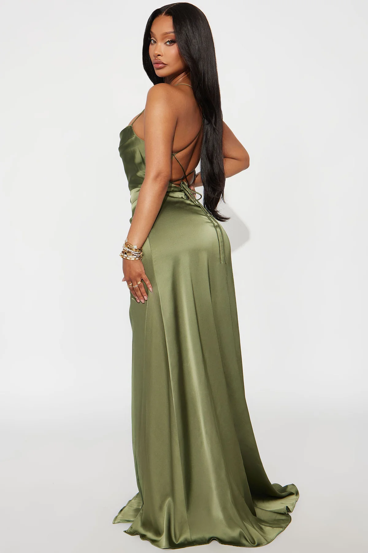 Cowl Neck Lace Up Back High Slit Satin Evening Dress