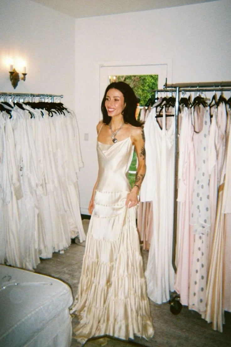 Cream Champagne Slip Prom Dress With Tiered Ruffled Chiffon Formal Prom Dress