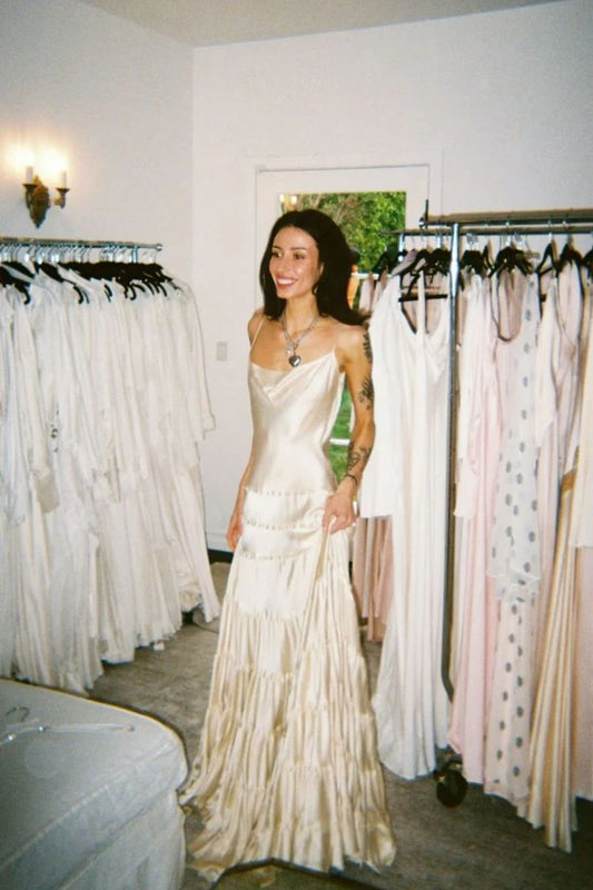 Cream Champagne Slip Prom Dress With Tiered Ruffled Chiffon Formal Prom Dress