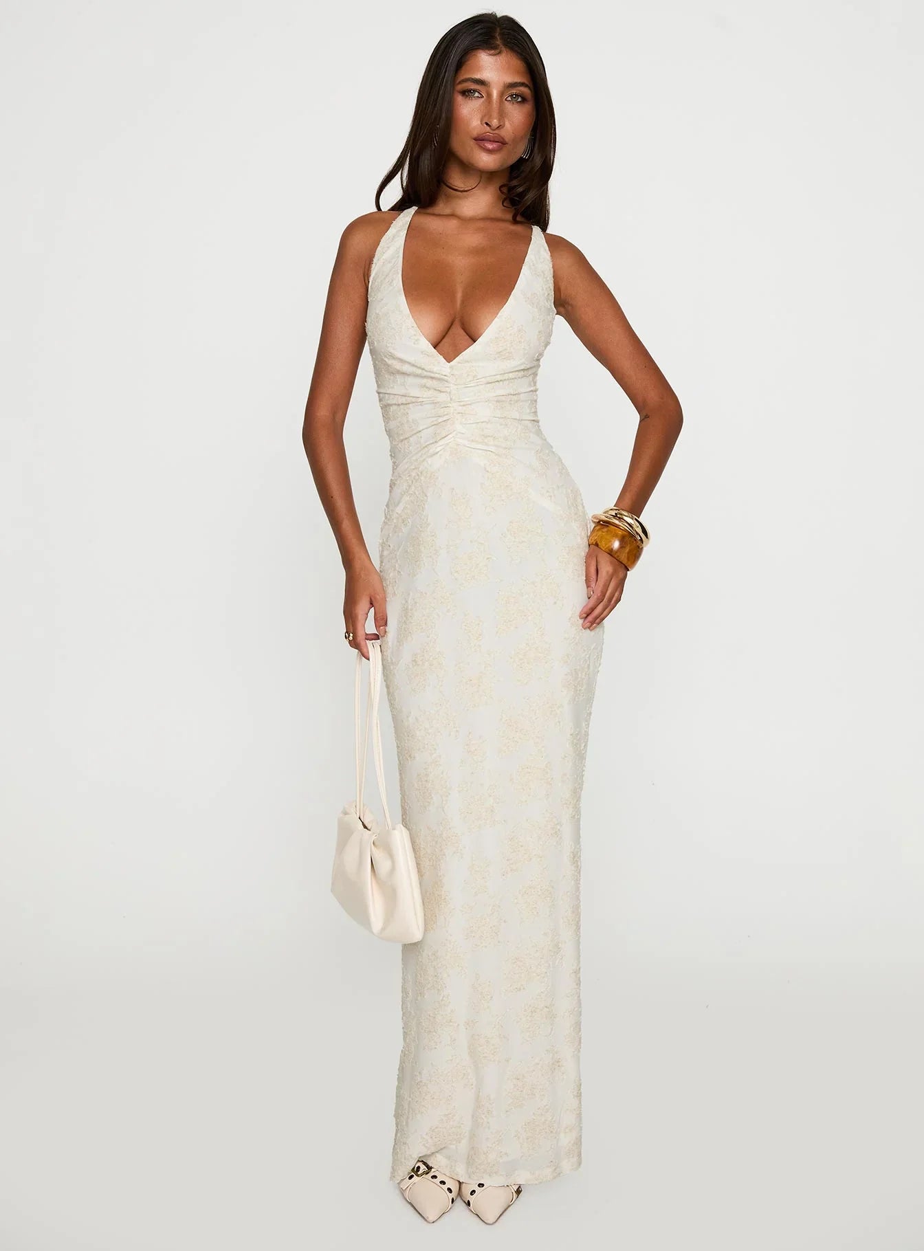 Cream Floral Lace-Up Back Prom Dress with V Neck and Floor Length Silhouette for Formal Events and Prom Nights
