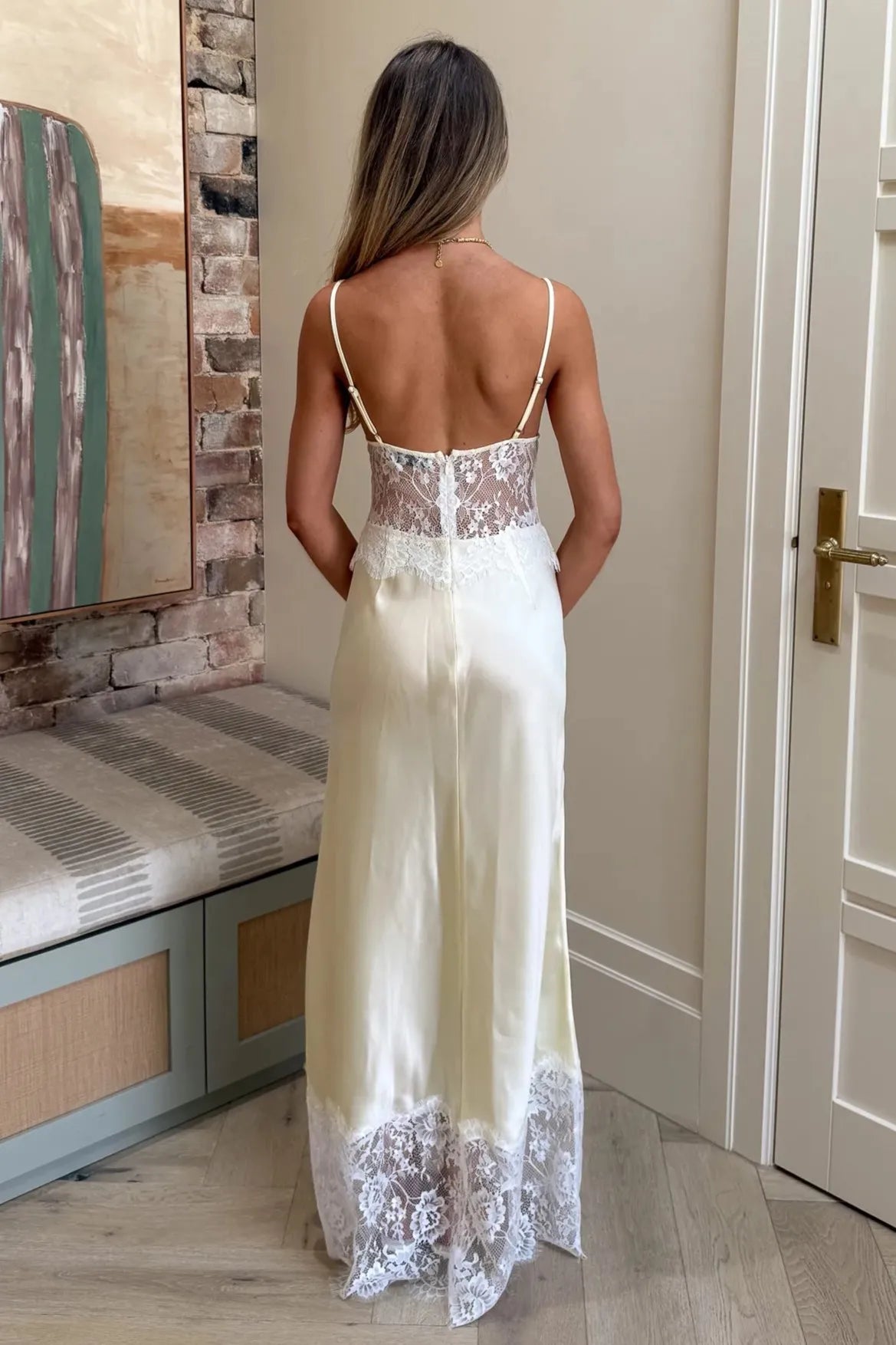 Cream Satin Lace Insert Open Back Spaghetti Strap Maxi Formal Prom Dress