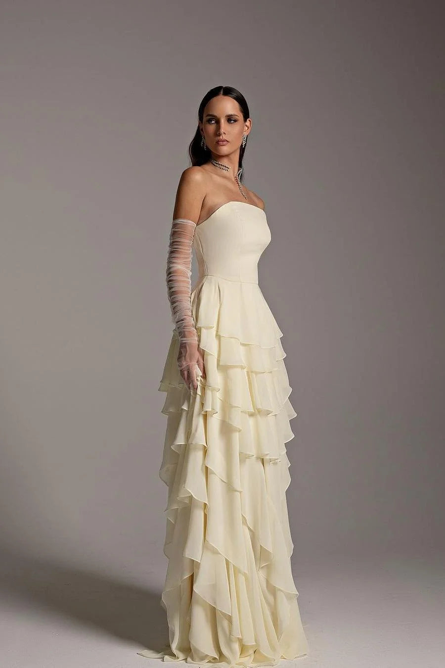 Cream Strapless Tiered Ruffle Prom Dress with Sheer Detachable Gloves for Formal Events and Prom Nights