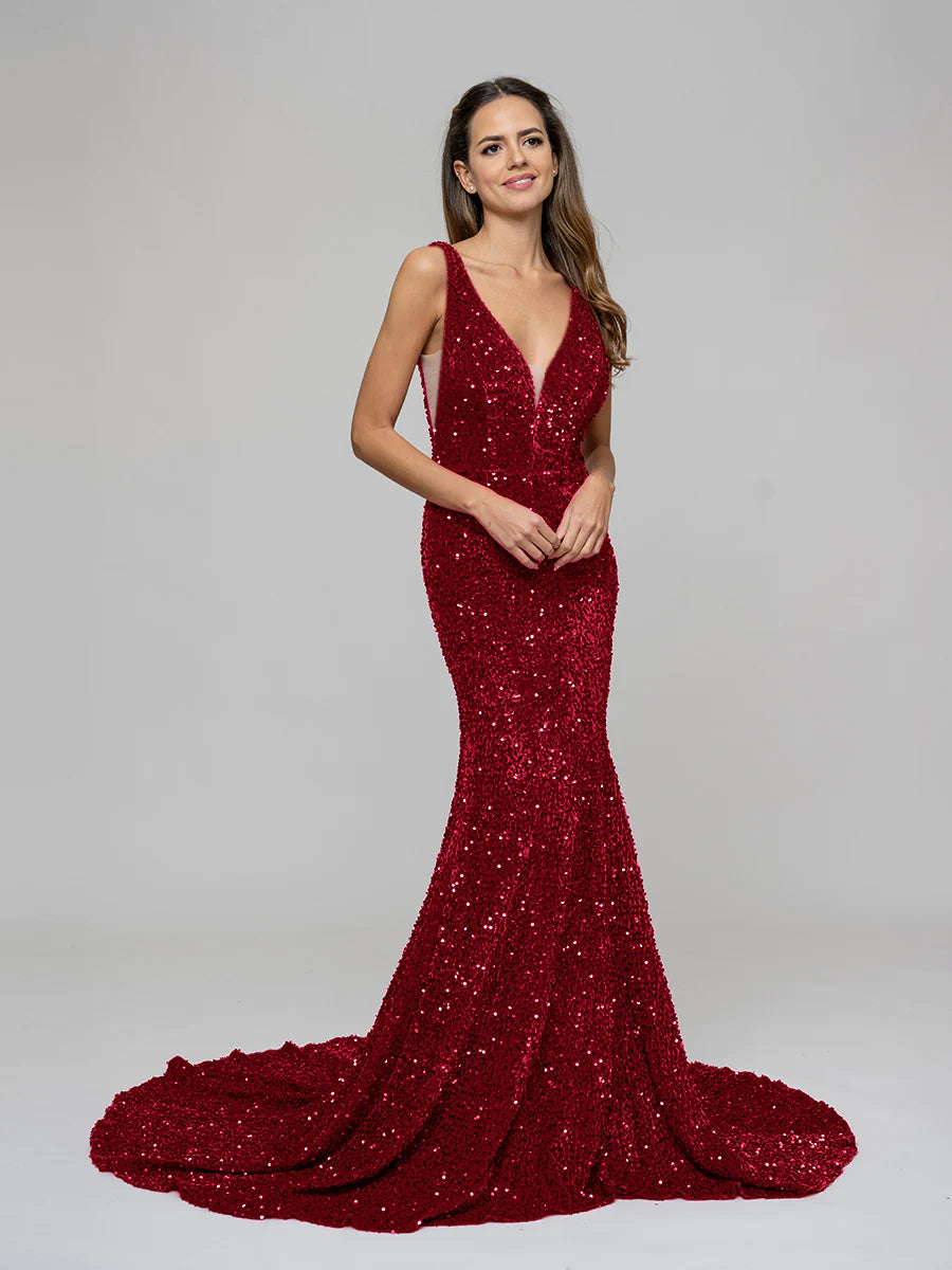 Mermaid Plunging V Neck Sequin Fitted Sexy Prom Dresses – Koutun Dress