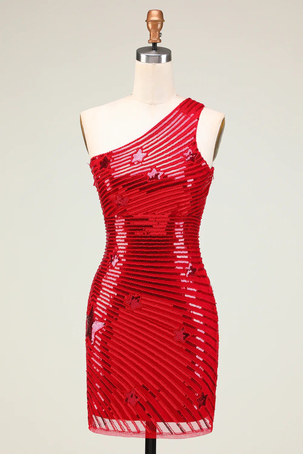 Koutun red sequin one-shoulder short homecoming dress.