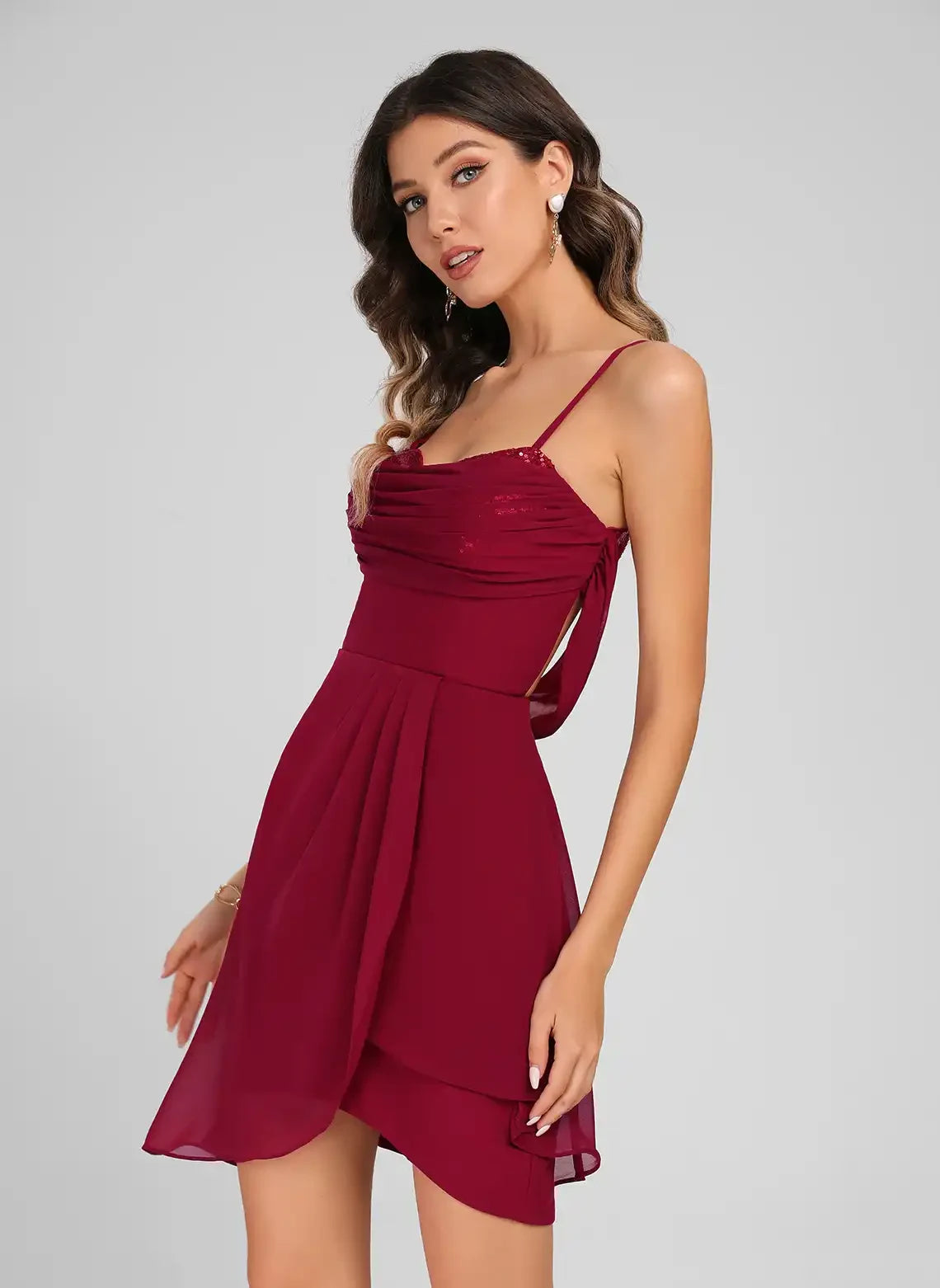Dazzling A-Line Cowl Neck Sleeveless Sequin Ruched Burgundy Short Homecoming Dress