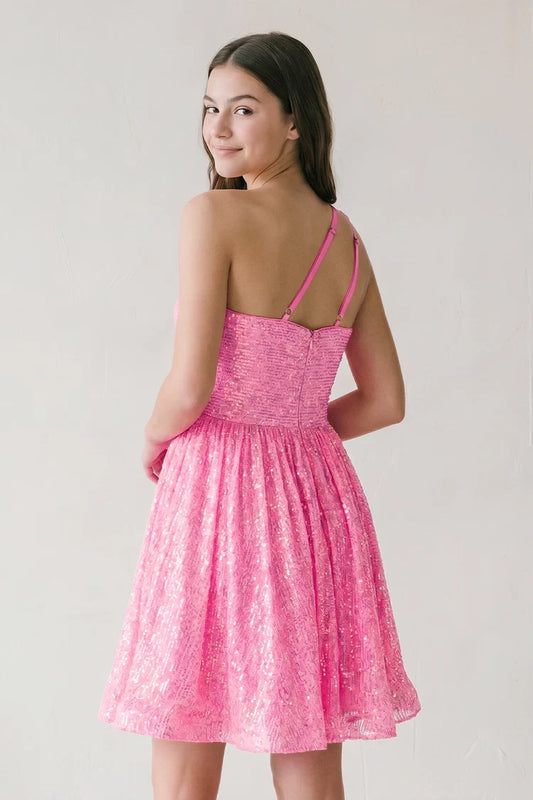 Dazzling A-Line One-Shoulder Sequin Hot Pink Short Homecoming Dress For Her
