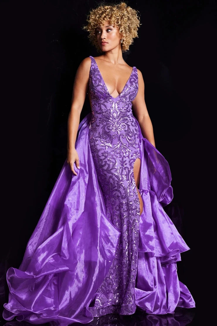 Dazzling Sheath Deep V-Neck Sleeveless Glamorous Vibrant Purple Floor-Length Evening Gown