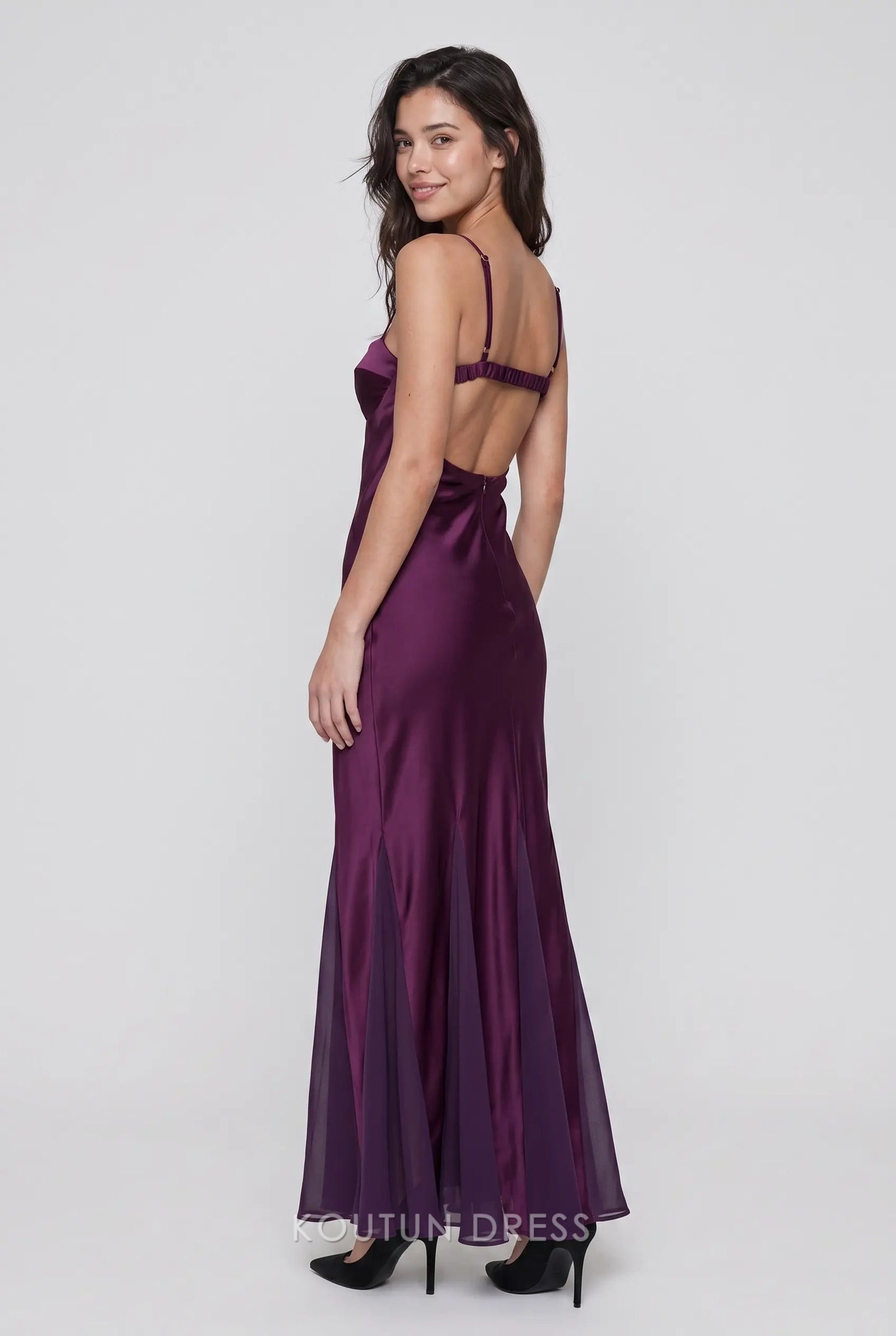 Deep Purple Spaghetti Strap Satin Keyhole Front Open Back Mermaid Formal Evening Prom Dress