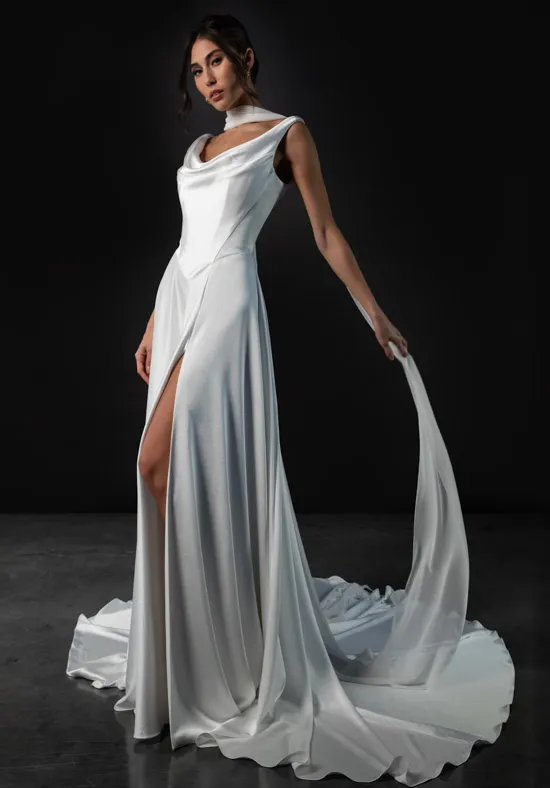 Draped Cowl Neck Satin Wedding Dress Deep V Back High Slit Bridal Gown With Detachable Choker Sash