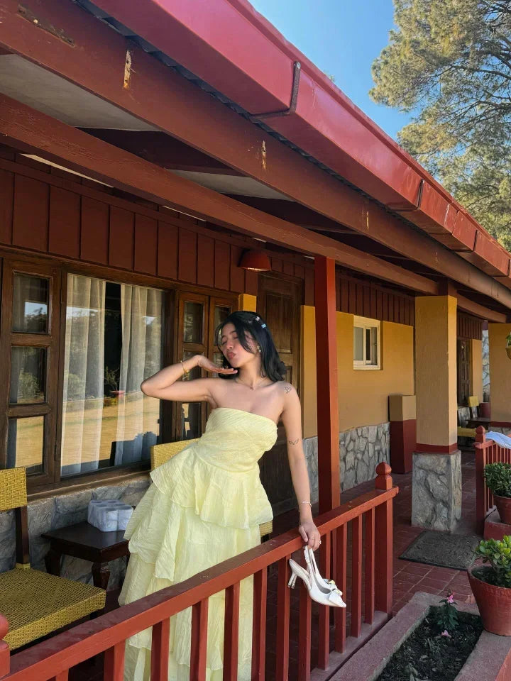 Dreamy Strapless Tiered Ruffle Maxi Prom Dress in Daffodil Yellow with Crinkled Texture