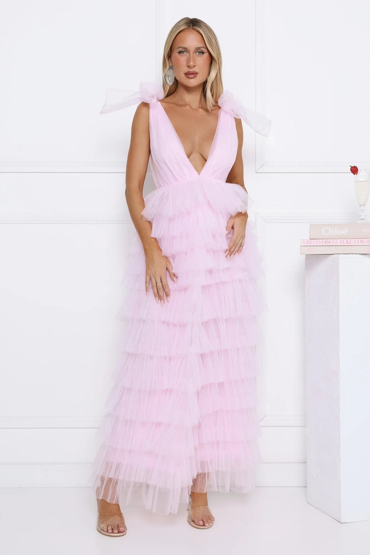 Dreamy A-Line Deep V-Neck Bow Shoulder Tiered Pink Floor-Length Prom Dress