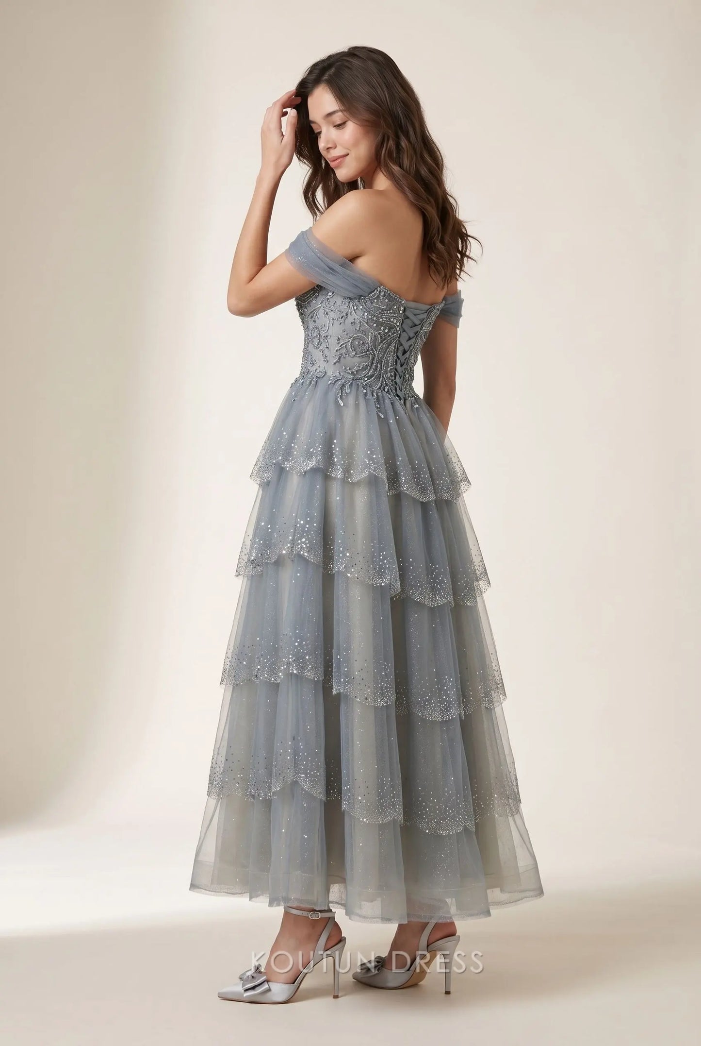 Dusty Blue Off The Shoulder Sweetheart Neck Embellished Beaded Corset Lace Up Back Glitter Tulle Tiered Ruffle Ankle Length A Line Prom Dress