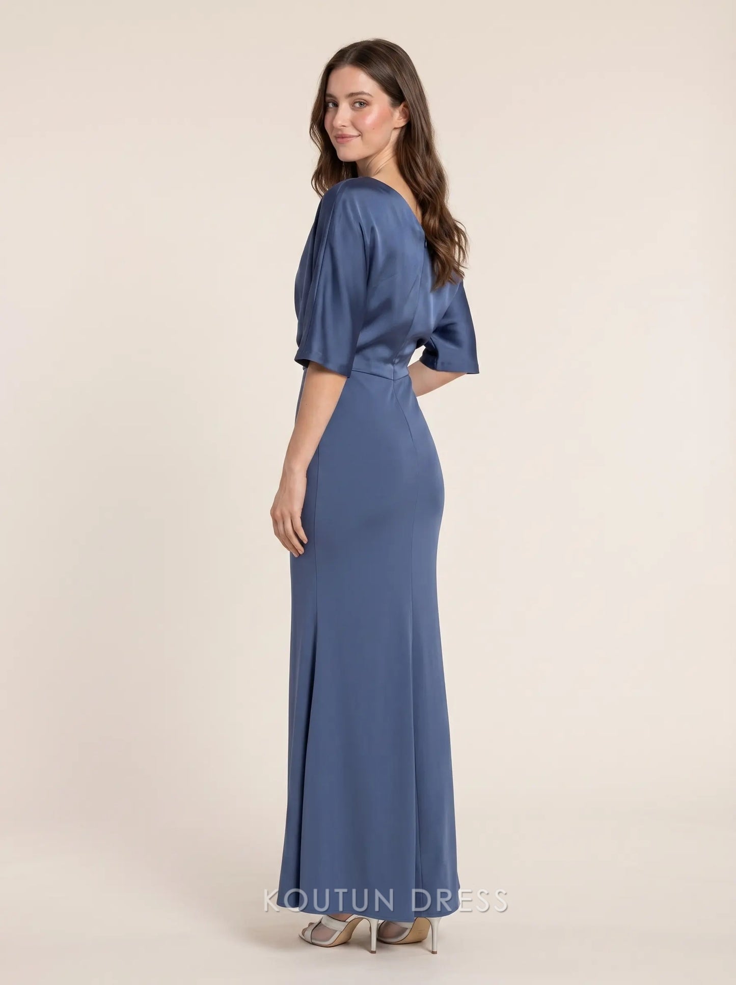 Dusty Blue One Shoulder Short Sleeve Satin Mermaid Floor Length Formal Evening Prom Dress