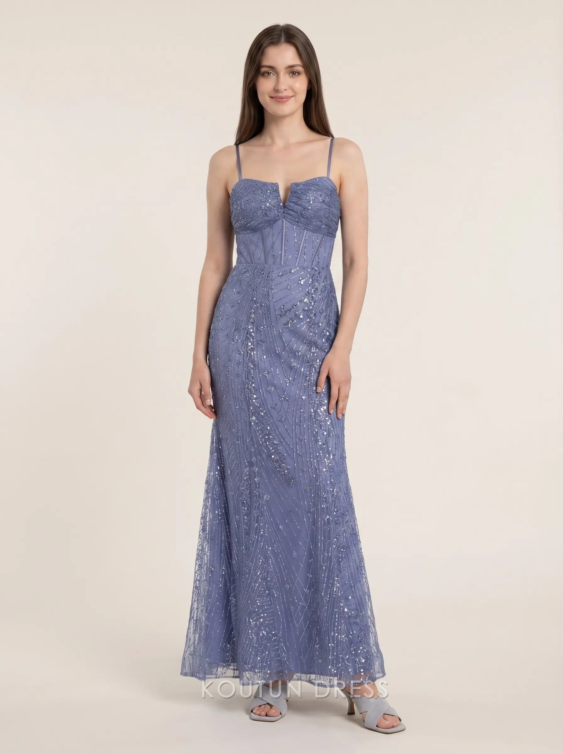 Dusty Blue Spaghetti Strap V Notch Beaded Sequin Corset Lace Up Back M – Koutun Dress