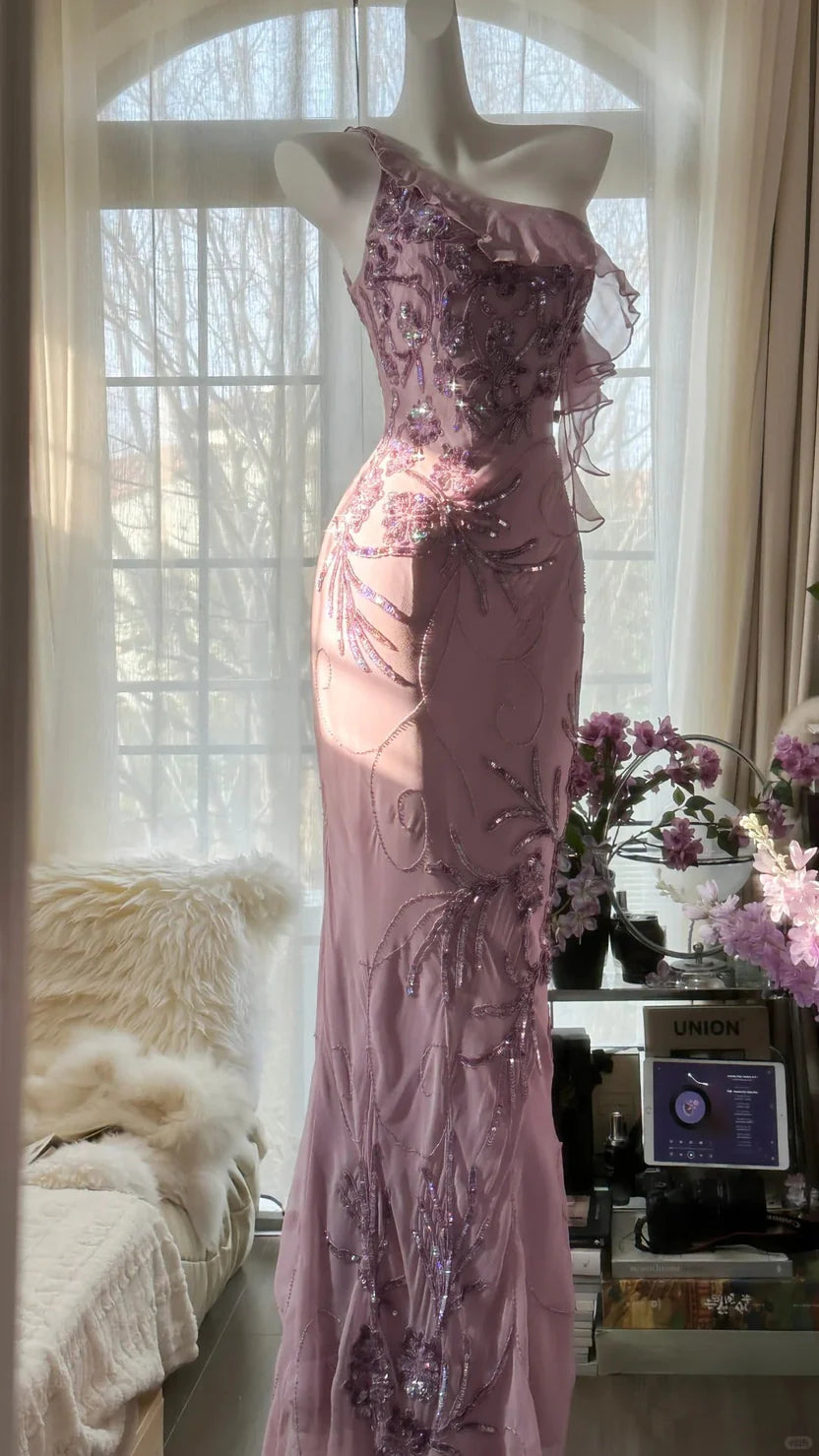 Dusty Lavender One Shoulder Prom Dress With Sequin Floral Embroidery Ruffle Detail And Sheath Silhouette Formal Prom Dress