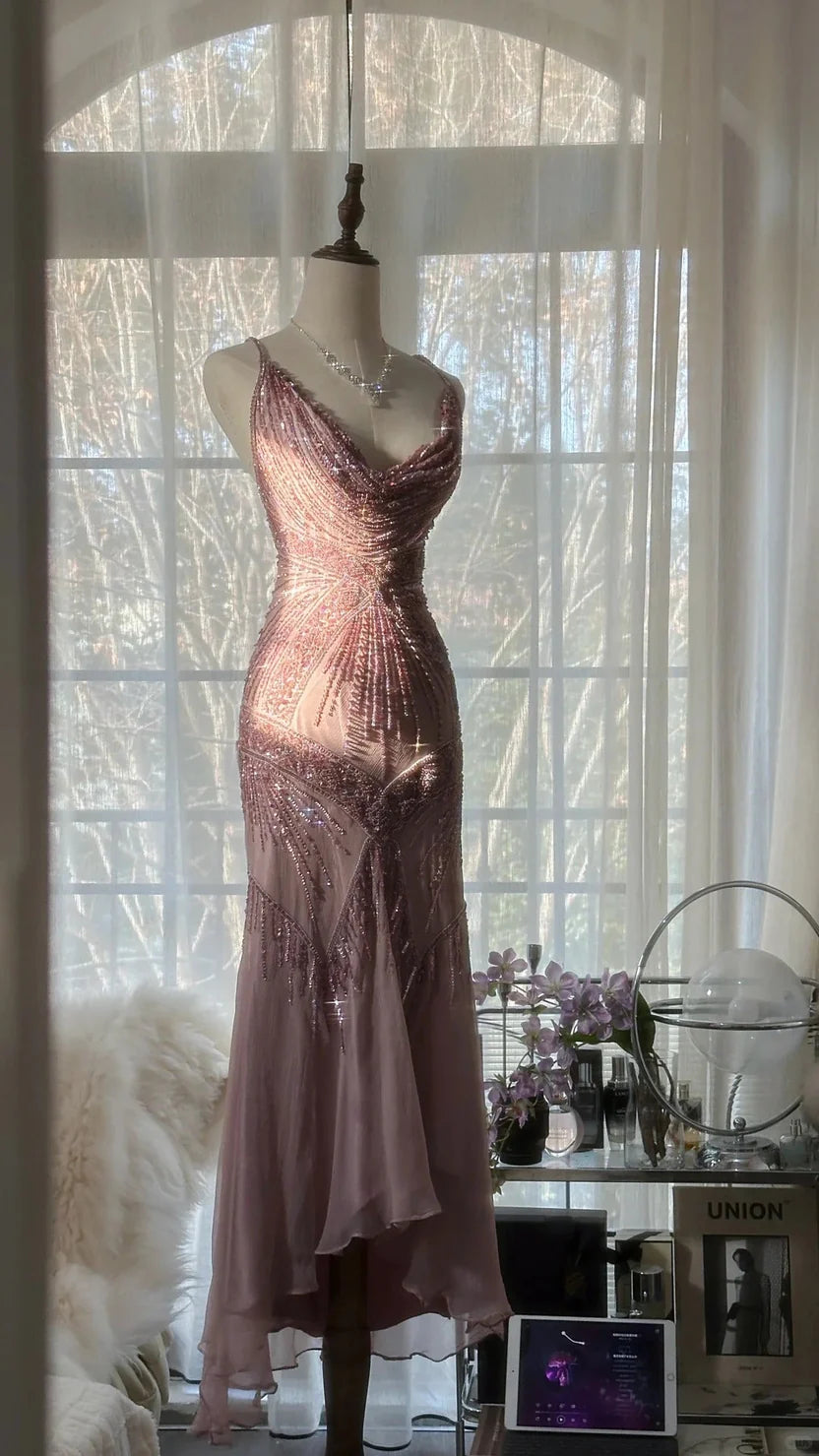 Dusty Pink Spaghetti Strap Prom Dress With Art Deco Beading Cowl Neckline And Open Back Midi Formal Prom Dress