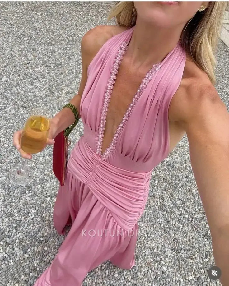 Dusty Rose Halter Neck Deep V Neck Beaded Trim Ruched Waist A Line Maxi Prom Dress