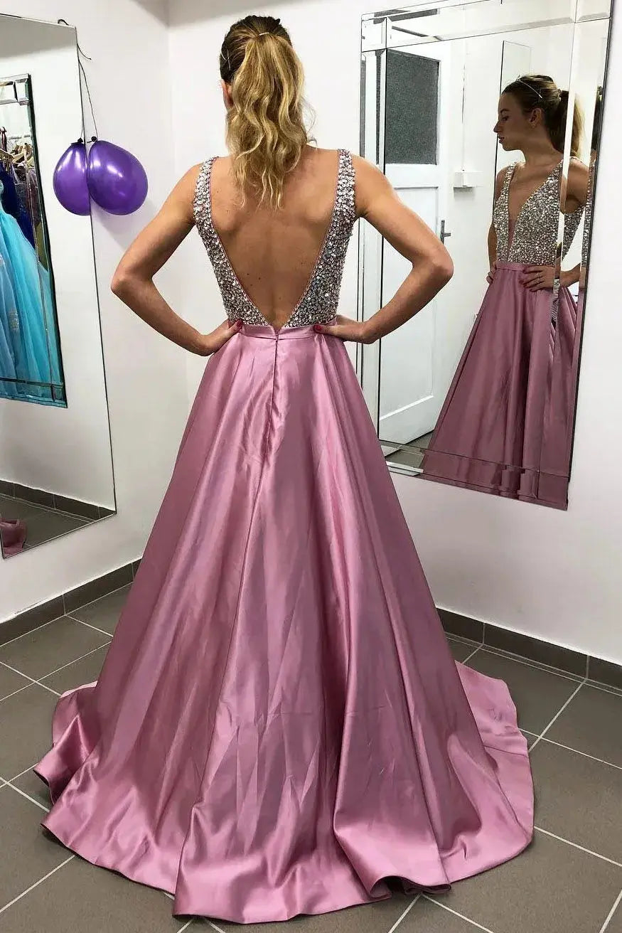 Dusty Rose V-Neck Satin A-Line Prom Dress with Beaded Bodice and Open Back for Formal Events and Prom Nights
