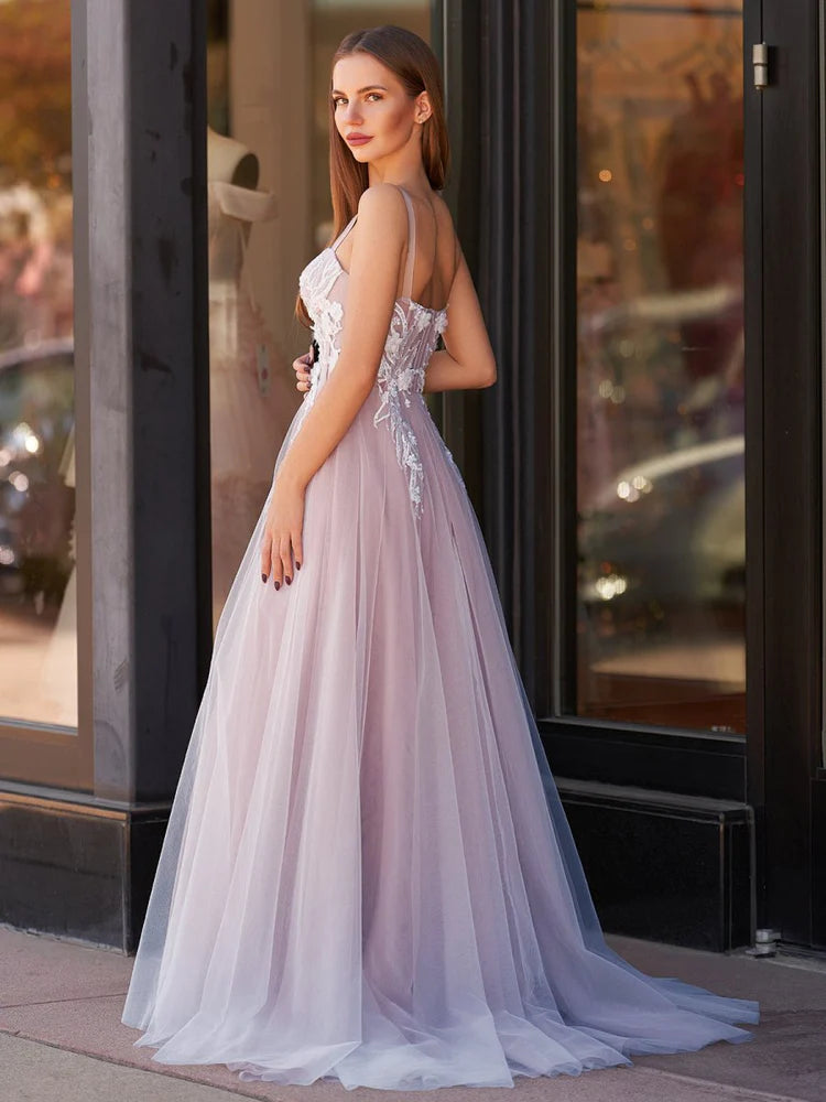 Dusty Rose White Lace Appliqué Spaghetti Strap Prom Dresses