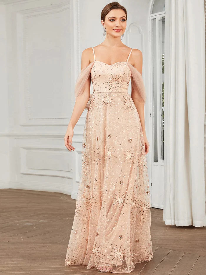 Draped Tulle Cold Shoulder Sequin A-Line Evening Dress