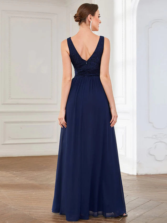Sleeveless V-Neck Empire Waist Floor-Length Evening Dress