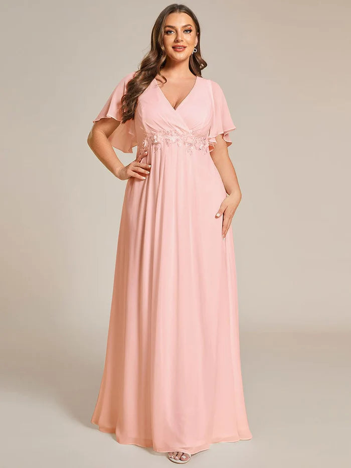 Plus Size Floral Applique Short Sleeve A-Line Chiffon Evening Dress