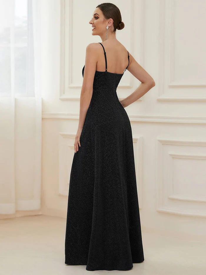 Vintage V-neck Spaghetti Straps Glitter Maxi Evening Dress