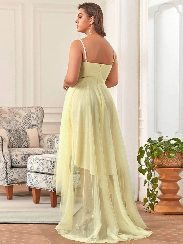 Plus Size Stylish High-Low Tulle Prom Dress with Beaded Belt
