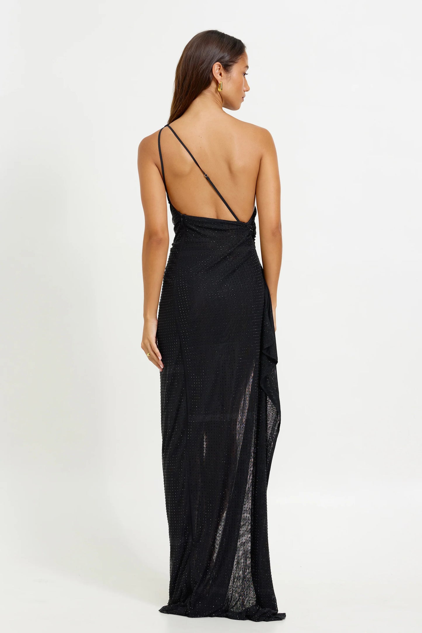 Edgy Mermaid One Shoulder Draped Sequin Mesh High Slit Long Prom Dress in Black for Formal Events