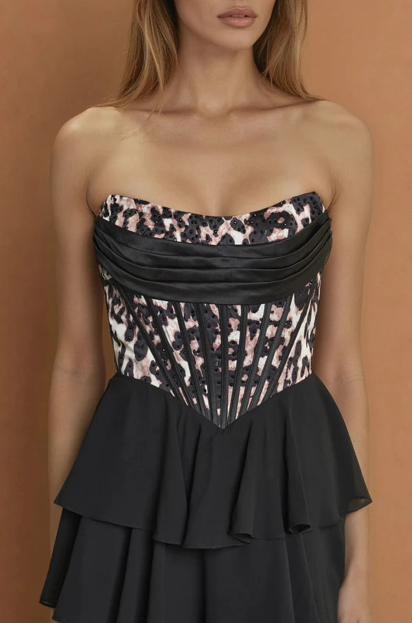 Edgy Strapless Leopard Print Corset Bodice Black Tiered Chiffon Gown with Lace-Up Back and Side Slit Prom Dress