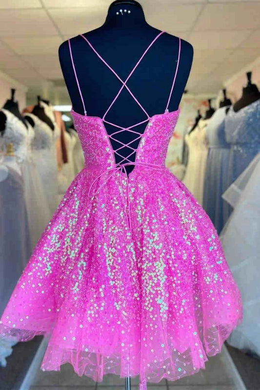 Back view of Koutun lavender homecoming dress showing lace-up detail.