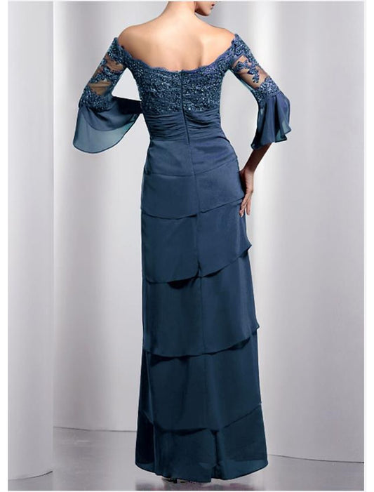 Back view of A-Line gown featuring appliques and floor-length design.