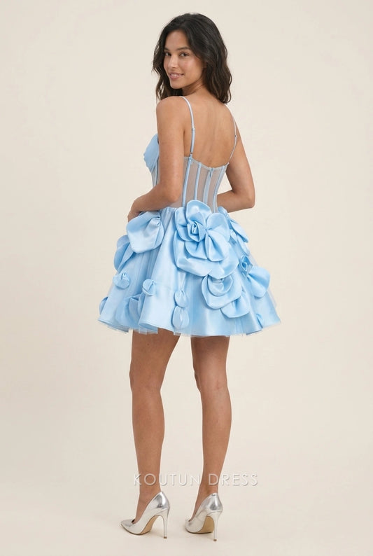 Back view of light blue floral applique mini homecoming dress.